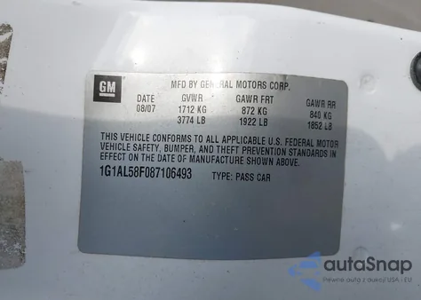 2008 Chevrolet Cobalt Lt z USA, uszkodzony, nr VIN 1G1AL58F087106493